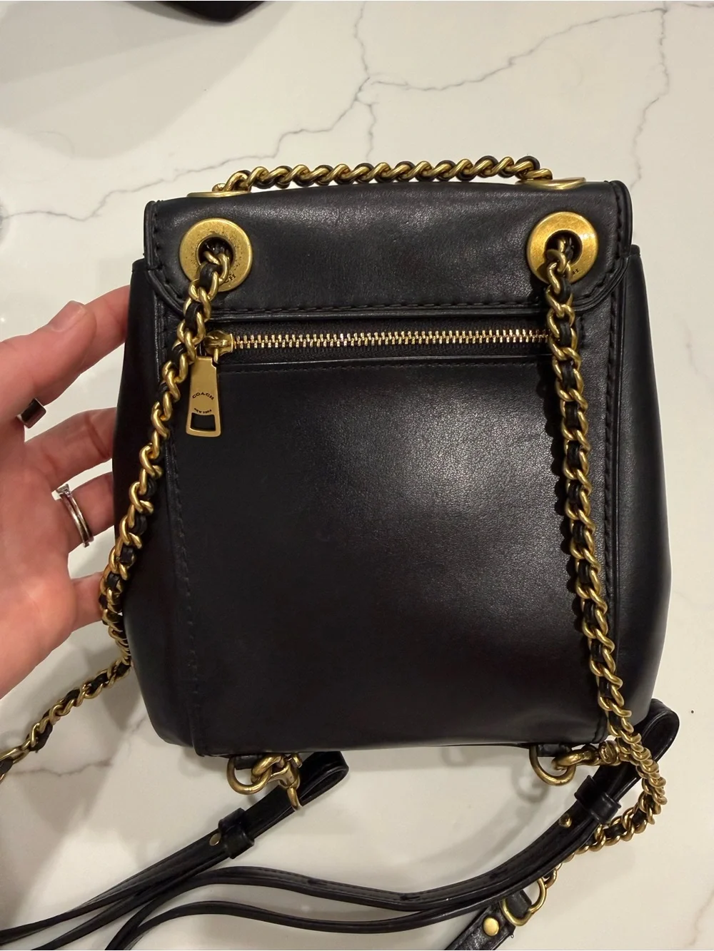Coach Black Leather Parker Convertible Backpack with Gold Chain Hardware